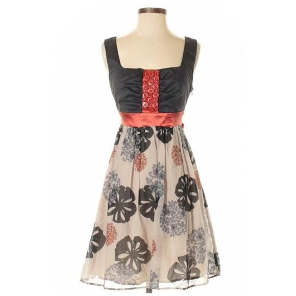 Alan Del Rosario Black Tan & Red Floral Print Button Accent Dress Sz 4 - Picture 1 of 7
